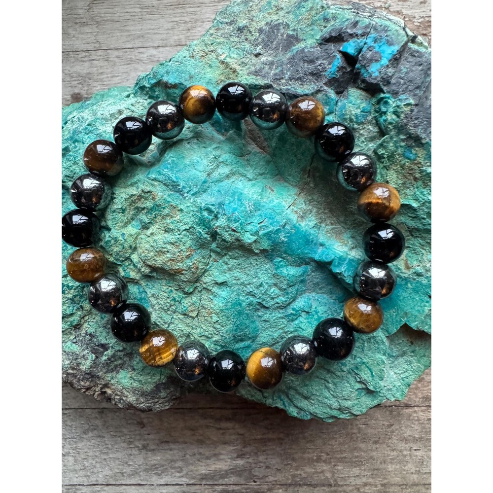 Triple Protection Bracelet – Hematite, Tiger’s Eye & Onyx | Handmade | Sizes XS,